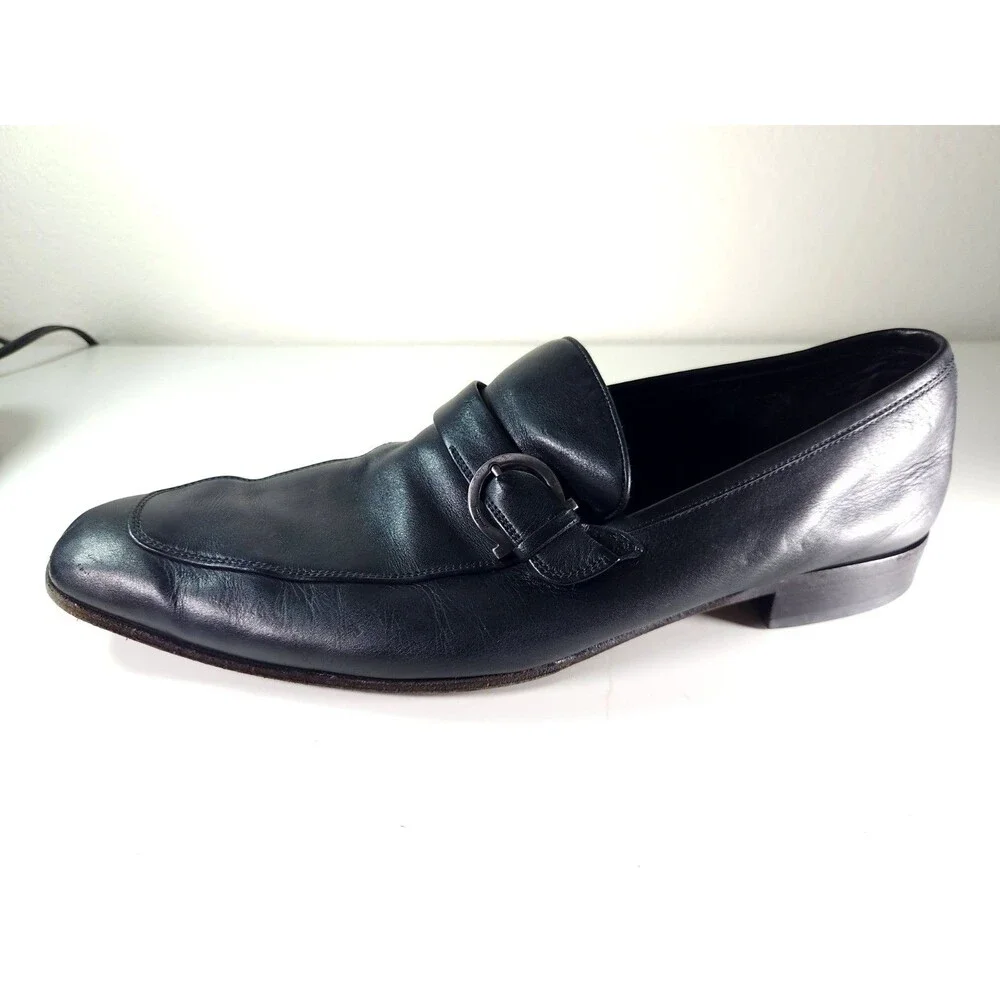 Salvatore Ferragamo Men Gancini Black Leather Side Buckle Loafers 10.5 D 61VF